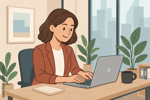 Business woman working on a laptop in a modern office. Female employee, professional, or freelancer character typing at her desk. Corporate job concept and workplace vector illustration.