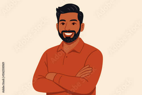 Confident smiling Indian man with beard and mustache, arms crossed, wearing orange shirt, modern flat vector cartoon illustration, positive male portrait, professional business avatar