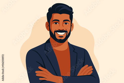 Confident smiling Indian man with beard in business suit, arms crossed, modern flat vector cartoon portrait, professional male character, positive attitude, isolated on light background