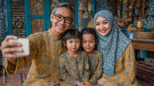 Muslim Family Selfie. Indonesian Muslim family portrait; taking a selfie. Beautiful attire and family bonding.