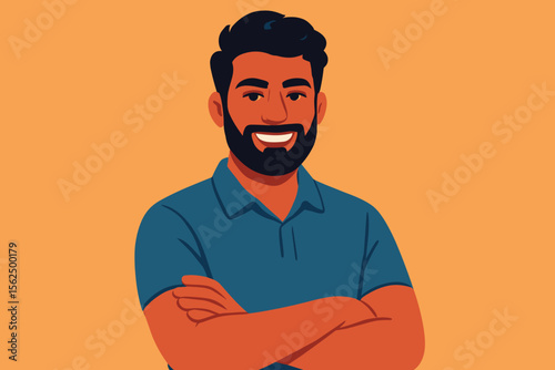 Confident Indian man standing with crossed arms, modern flat vector illustration, casual male portrait, blue shirt, positive body language, professional avatar, cartoon character design