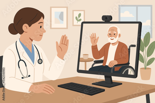 Telemedicine consultation with female doctor and elderly male patient in wheelchair. Online healthcare service, virtual medical appointment, remote diagnosis, digital health support concept vector