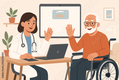 Telemedicine consultation with doctor and elderly patient in wheelchair. Online healthcare, virtual medical appointment, disability support, remote diagnosis. Modern flat vector illustration.