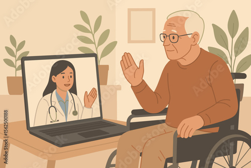 Telemedicine consultation with elderly patient in wheelchair. Online doctor visit. Virtual healthcare support for seniors. Remote medical care. Digital health technology. Flat vector illustration.