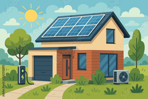 Modern eco friendly house with solar panels, electric car charging station, heat pump, sustainable energy, green technology, renewable resources, energy efficient home exterior, sunny landscape