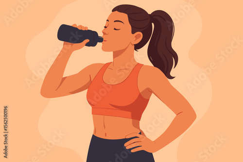 Athletic woman drinking water after workout. Fitness hydration concept. Healthy lifestyle. Sporty female in activewear holding bottle. Exercise recovery. Wellness, energy, gym, training, refreshment