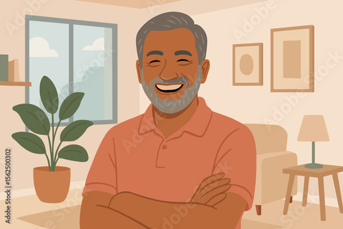 Mature Indian man standing confidently at home, arms crossed, casual clothing, modern living room interior, houseplant, window, cozy decor, flat vector illustration, lifestyle concept