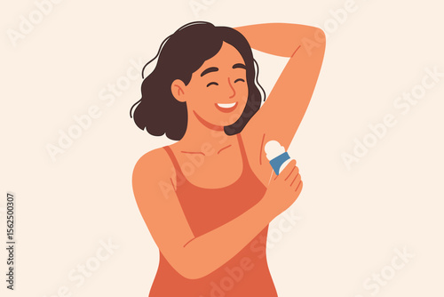 Young woman applying roll-on deodorant underarm, personal hygiene routine, daily skincare, body odor prevention, clean armpit, self-care, modern flat cartoon vector illustration