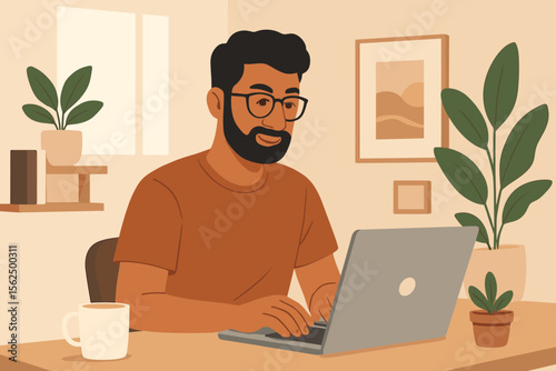 Remote work home office concept. Indian man typing on laptop at desk with coffee. Modern flat vector illustration. Productivity, freelance, workspace, indoor plants, cozy interior, telecommuting