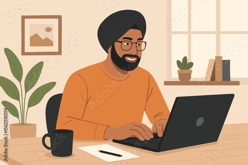 Indian man working remotely on laptop at home office desk, modern flat vector illustration, freelance workspace, productivity, telecommuting, cozy interior, plants, coffee, digital lifestyle