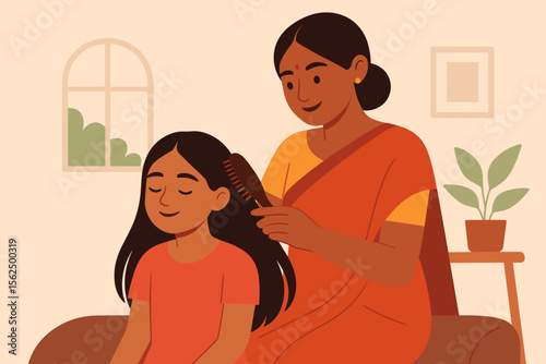 Loving Indian mother combing her daughter's long hair. Family bonding and daily routine. Parent and child relationship concept. Modern flat style vector cartoon illustration for lifestyle.