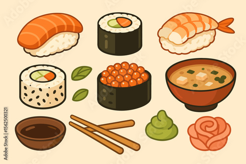 Japanese Sushi Collection Modern Flat Vector Cartoon Set with Nigiri, Maki, Ikura, Miso Soup, Chopsticks, Soy Sauce, Wasabi, Ginger, Traditional Asian Food Illustration Isolated