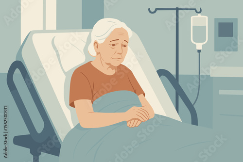 Elderly woman patient resting alone in hospital bed, healthcare concept, senior care, medical treatment, IV drip, loneliness, recovery, flat vector illustration, modern hospital room