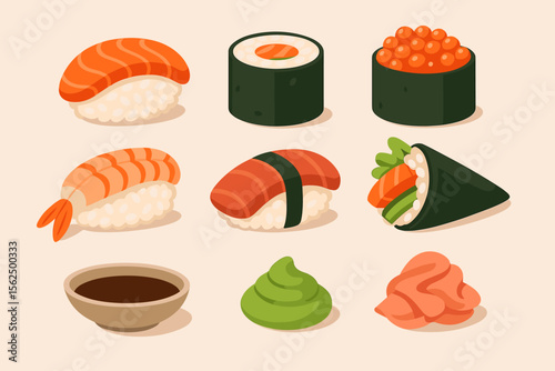 Japanese sushi collection vector set with nigiri, maki rolls, temaki hand roll, salmon, shrimp, roe, soy sauce, wasabi, and ginger. Modern flat cartoon food illustration.