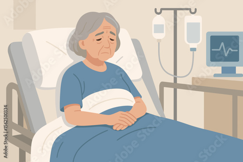 Elderly woman patient resting in hospital bed with IV drip and heart monitor. Senior healthcare, medical treatment, recovery, nursing care, illness, hospital room, flat vector illustration