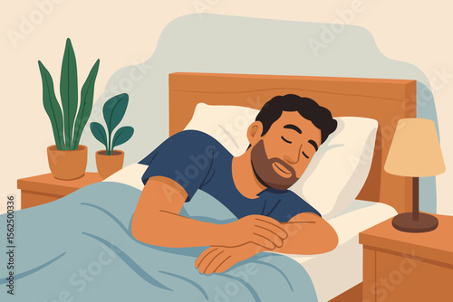 Peaceful man sleeping in cozy bedroom, modern flat vector illustration. Relaxation, healthy sleep, bedtime routine, comfortable bed, indoor plants, night lamp, restful home interior concept