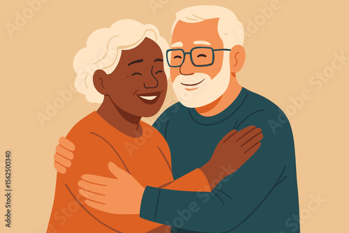 Senior interracial couple embracing, affectionate hug, elderly love, diverse relationship, happy retirement, companionship, modern flat vector illustration, togetherness, mature partnership