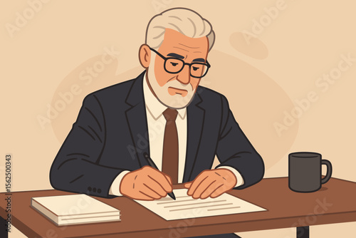Senior businessman writing documents at office desk, professional mature man in suit signing papers, paperwork management, corporate executive, modern flat vector illustration, workplace concept