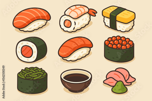 Cute Japanese Sushi Vector Set. Cartoon Nigiri, Maki, Tamago, Ikura, Wasabi, Soy Sauce, Ginger. Modern Flat Food Illustration. Asian Cuisine Collection for Restaurant, Menu, Icon, Sticker Design