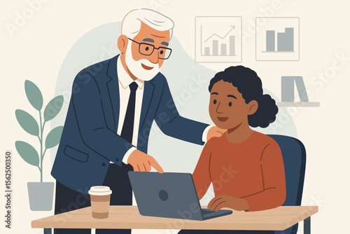 Mature executive mentoring new employee at office desk, business teamwork, leadership guidance, professional training, workplace collaboration, corporate coaching, flat vector illustration