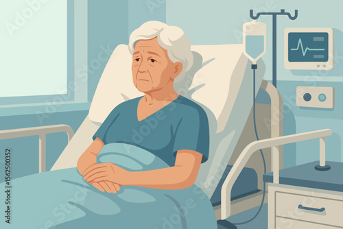 Elderly woman patient resting alone in hospital bed with IV drip, heart monitor, modern healthcare room, illness recovery, medical care, senior loneliness, flat vector illustration