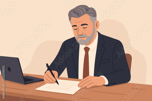 Mature businessman in suit signing documents at office desk with laptop. Professional executive manager writing contract, agreement, paperwork. Corporate business illustration, flat vector art