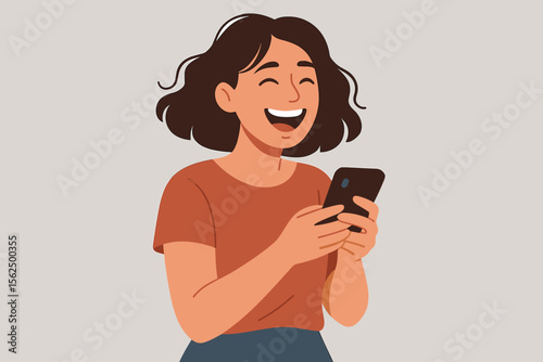 Young woman texting on smartphone, casual modern style, short dark hair, orange shirt, digital communication, social media, technology, isolated on light background, vector illustration