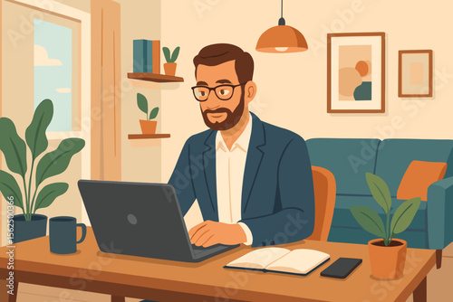 Professional businessman working remotely from home office, modern flat vector illustration. Home workspace with laptop, notebook, plants, coffee cup, productivity, telecommuting, cozy interior