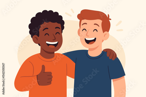 Happy multicultural friends hugging. Young black and white men smiling together. Thumbs up. Concept of diversity, unity, support, positive male friendship. Vector cartoon illustration.