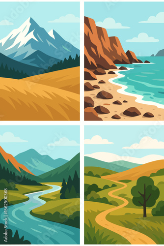Majestic Mountain Landscapes Vector Set. Scenic Nature Illustrations with Snowy Peaks, Rocky Ocean Beach, Winding River, Rolling Hills, Steppes, Forests. Outdoor Adventure Backgrounds