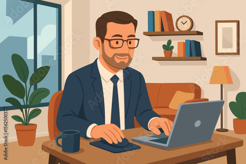 Businessman working remotely from home office, modern flat vector illustration. Professional male in suit using laptop at desk, cozy interior, plants, coffee, productivity, work from home concept