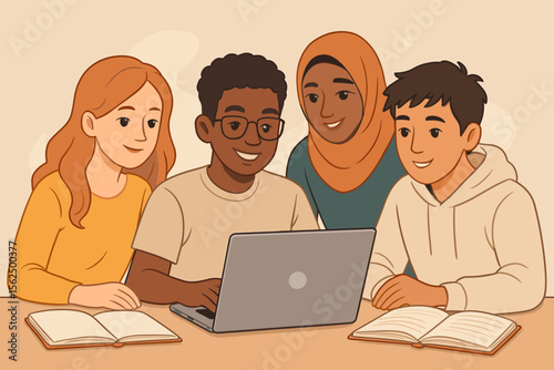 Diverse group of students collaborating on laptop, multicultural teamwork, academic study session, modern flat cartoon illustration, inclusive education, group learning, open books