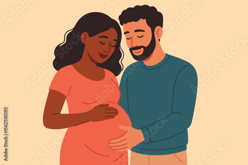 Diverse couple expecting baby. Pregnant woman with partner. Multiracial family. Parenthood, maternity, pregnancy support. Modern flat vector illustration. Happy future parents, love, togetherness.