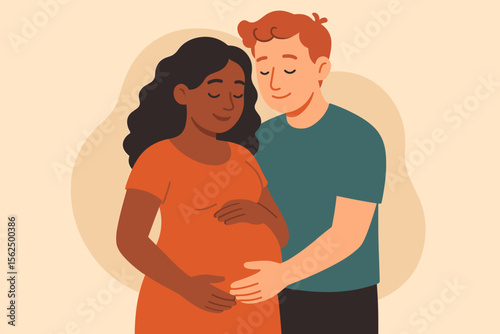 Interracial couple expecting baby. Modern flat vector illustration. Pregnant woman with partner. Family love, parenthood, maternity, diversity, support, pregnancy, future parents, togetherness