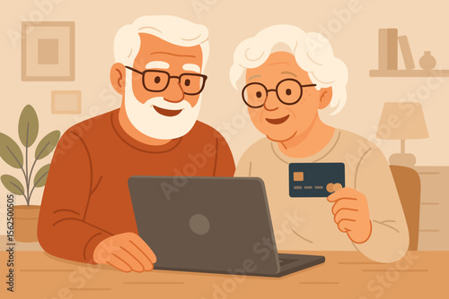 Happy senior couple shopping online with credit card, digital payment, e-commerce, technology use by elderly, modern flat vector cartoon illustration for finance and lifestyle
