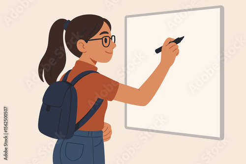 Focused student girl writing on whiteboard, education concept, back to school, classroom activity, modern flat vector illustration, learning, academic achievement, knowledge sharing, study