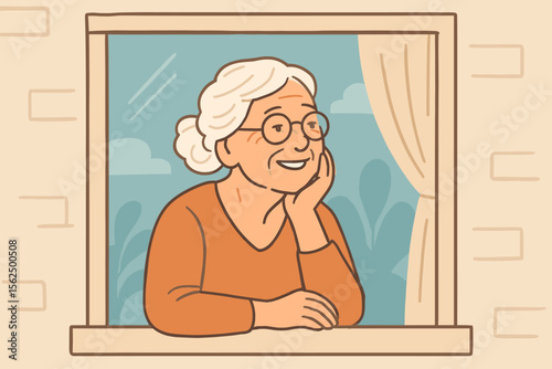 Elderly woman sitting by window, thoughtful and relaxed, senior lady with white hair gazing outside, peaceful home scene, cozy interior, modern flat vector cartoon illustration