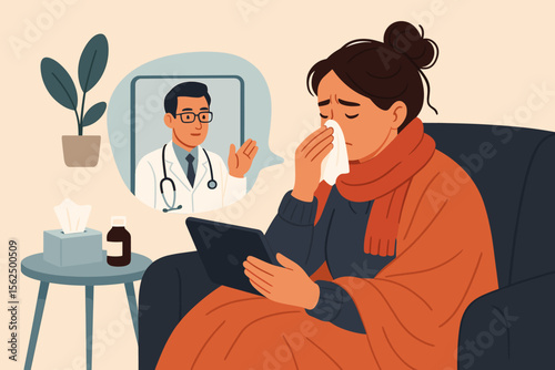 Sick woman wrapped in blanket having online video call with doctor, telemedicine consultation, remote healthcare, digital medical advice, home treatment, illness, modern flat vector illustration