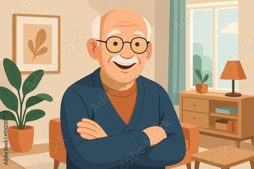 Elderly man at home arms crossed. Senior male character in cozy living room. Modern flat vector illustration. Retirement, comfort, lifestyle, relaxation, home interior, mature adult concept.