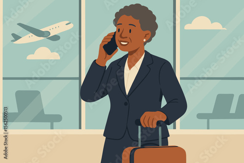 Professional African American Businesswoman at Airport Terminal with Suitcase Talking on Phone, Travel and Business Trip Concept, Modern Flat Vector Illustration
