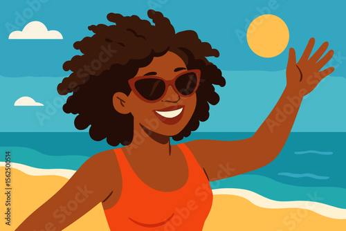 Happy African American woman enjoying sunny day at tropical beach, waving hand, wearing orange swimsuit, summer vacation, flat vector cartoon, outdoor leisure, ocean background illustration