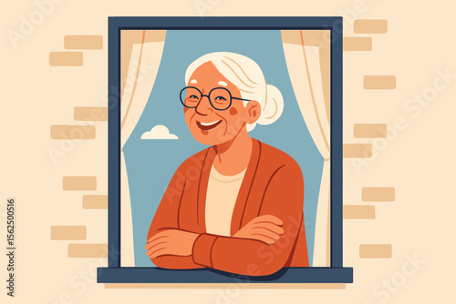 Elderly woman with white hair and glasses standing by window, arms crossed, peaceful home scene, cozy interior, sunlight, relaxation, retirement, senior lifestyle, flat cartoon vector illustration