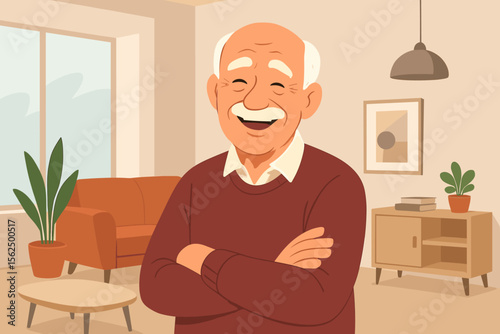 Elderly man standing with arms crossed in cozy modern living room, flat vector illustration. Senior male at home, retirement lifestyle, indoor comfort, home interior, casual sweater, houseplants