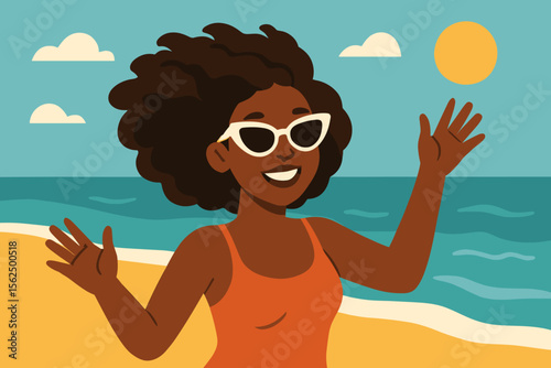 Happy African American woman enjoying summer beach vacation, wearing sunglasses and swimsuit, playful pose, sunny seaside, flat cartoon vector illustration, tropical holiday, ocean background