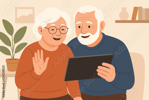 Elderly couple video calling family on digital tablet. Senior people using technology for virtual communication. Modern home interior. Online connection, remote chat, grandparents illustration.