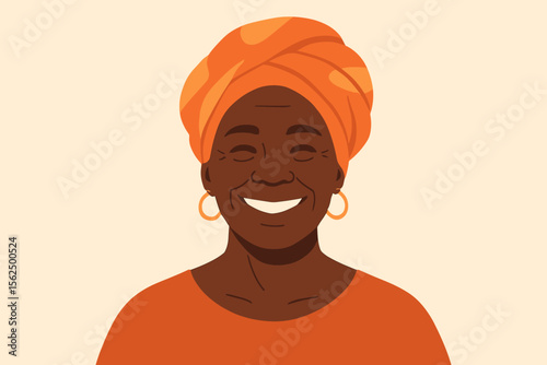 Mature African woman in orange headwrap and earrings. Modern flat vector illustration. Confident female portrait. Ethnic fashion, traditional African clothing, cultural pride, diversity, empowerment