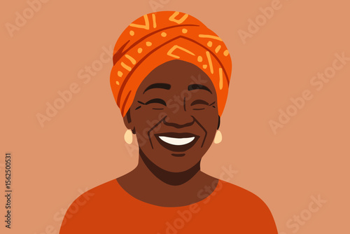 Mature African woman wearing vibrant orange patterned headscarf and earrings. Modern flat vector illustration. Cultural fashion, traditional clothing, ethnic portrait, stylish female character
