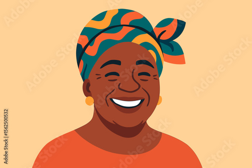 Mature African American woman with colorful patterned headscarf, gold earrings, traditional fashion, flat modern vector illustration, cultural diversity, portrait, vibrant ethnic style