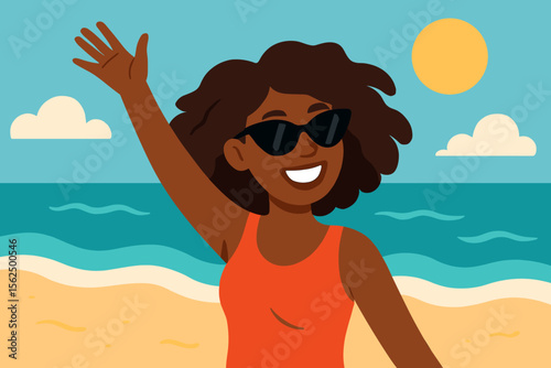 Happy African American Woman in Sunglasses Enjoying Sunny Beach Vacation, Waving Hand, Smiling, Summer Holiday, Modern Flat Cartoon Vector, Ocean Coastline, Relaxation, Outdoor Fun