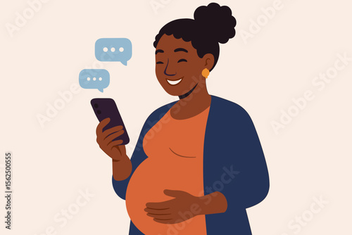 Happy pregnant African American woman chatting on smartphone, maternity communication, expecting mother using mobile device, modern flat vector cartoon illustration, digital messaging concept